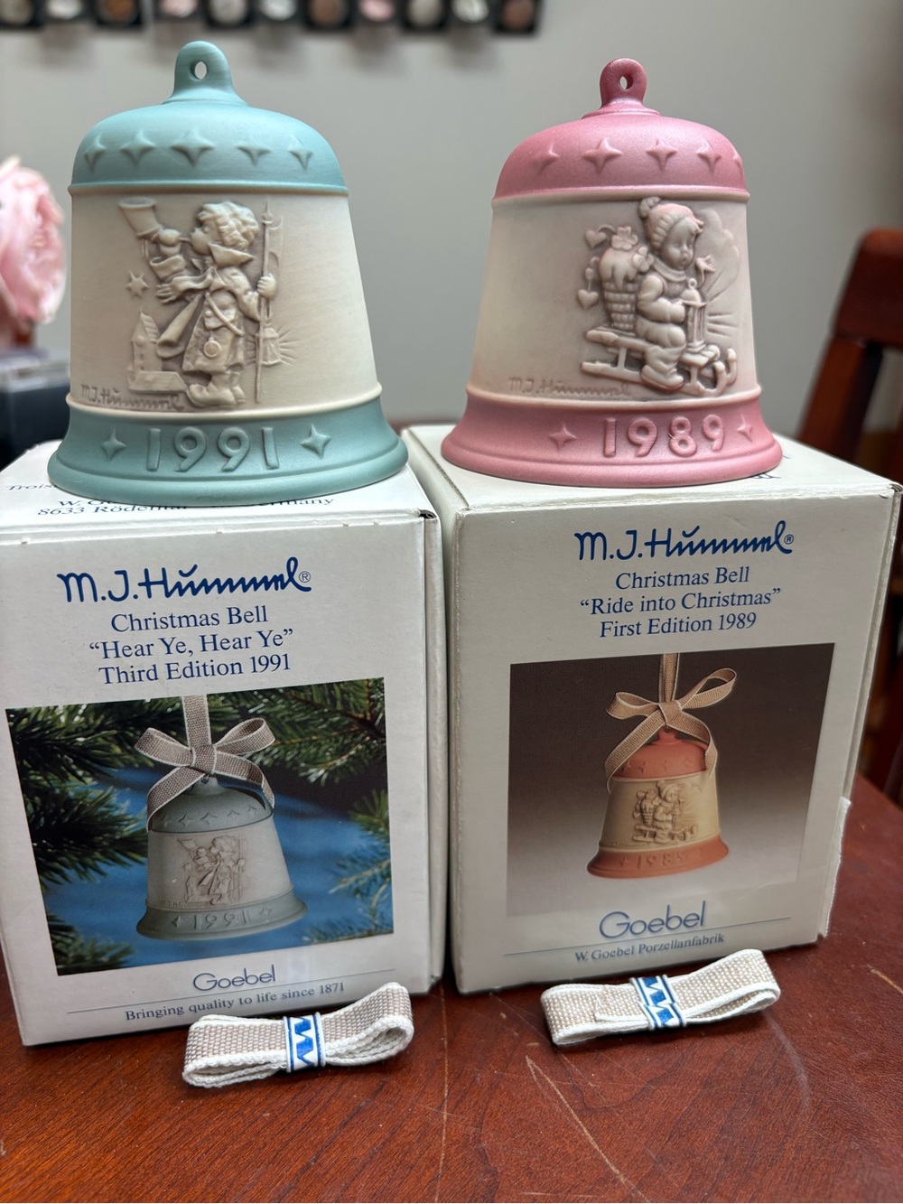 Lot of 2 Vintage Hummel Christmas Ornament Bells 1989 1991